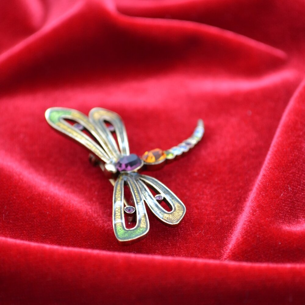Vintage MONET Goldtone ENAMEL Rhinestone DRAGONFLY Brooch NATURAL BEAUTY